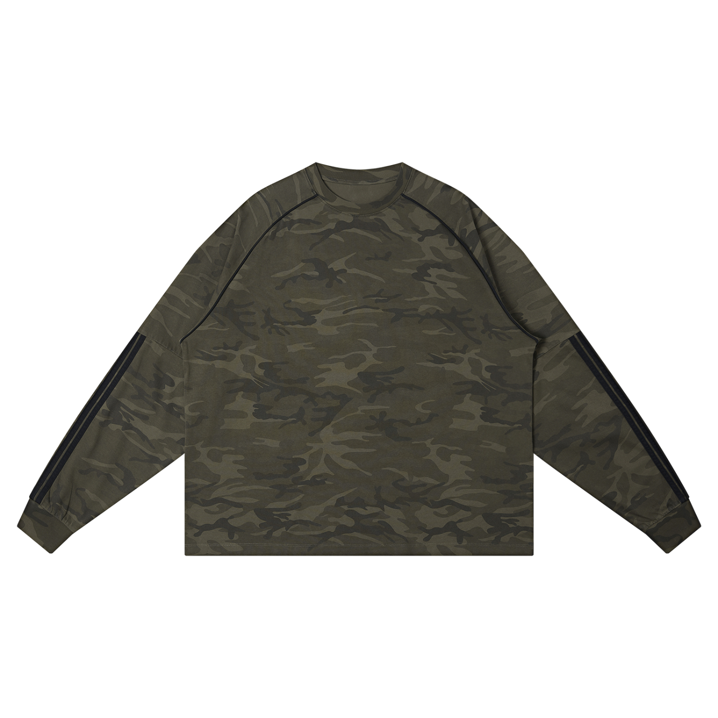 Camo loose long sleeve T-shirt by RAREBINO featuring a relaxed fit and camouflage pattern, casual streetwear style.