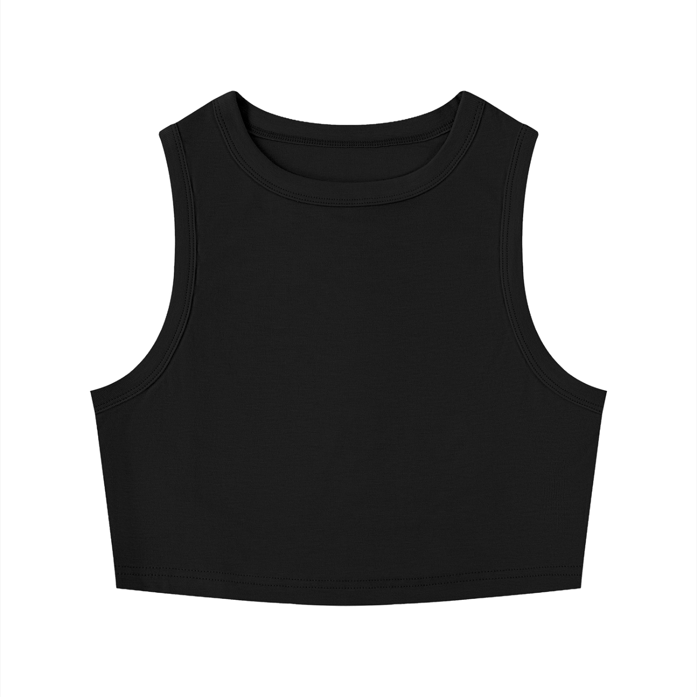 RAREBINO tight crewneck crop tank top, close-up of fitted black crop top with crewneck design and sleeveless style.
