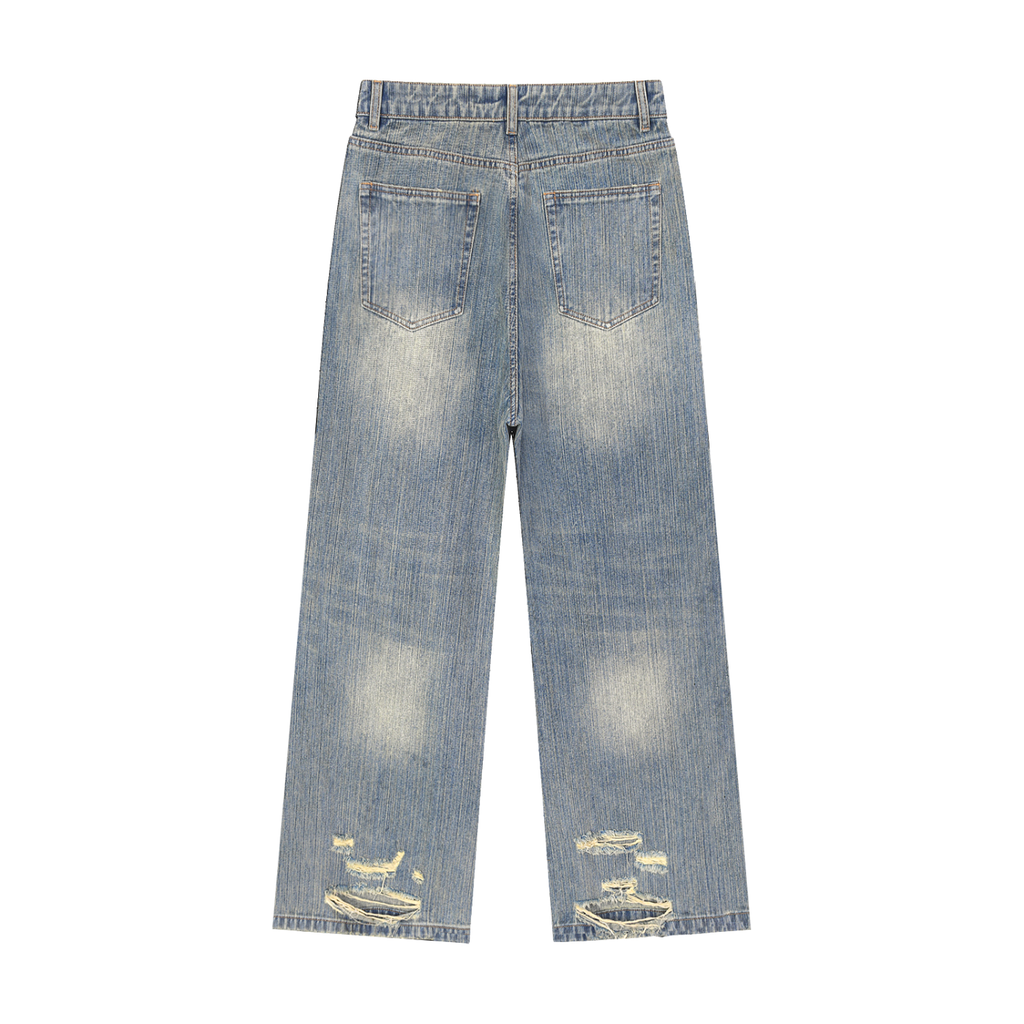 Vintage wash distressed denim jeans by RAREBINO with ripped details and a classic five-pocket design.