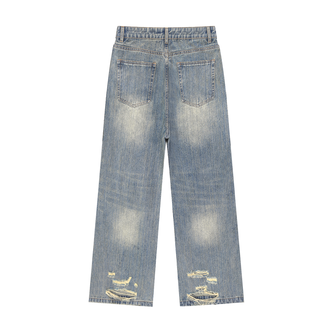 Vintage wash distressed denim jeans by RAREBINO with ripped details and a classic five-pocket design.