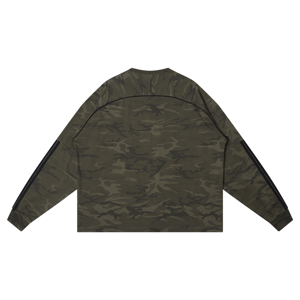 Camo loose long sleeve T-shirt by RAREBINO featuring a relaxed fit and camouflage pattern, displayed on a plain background.