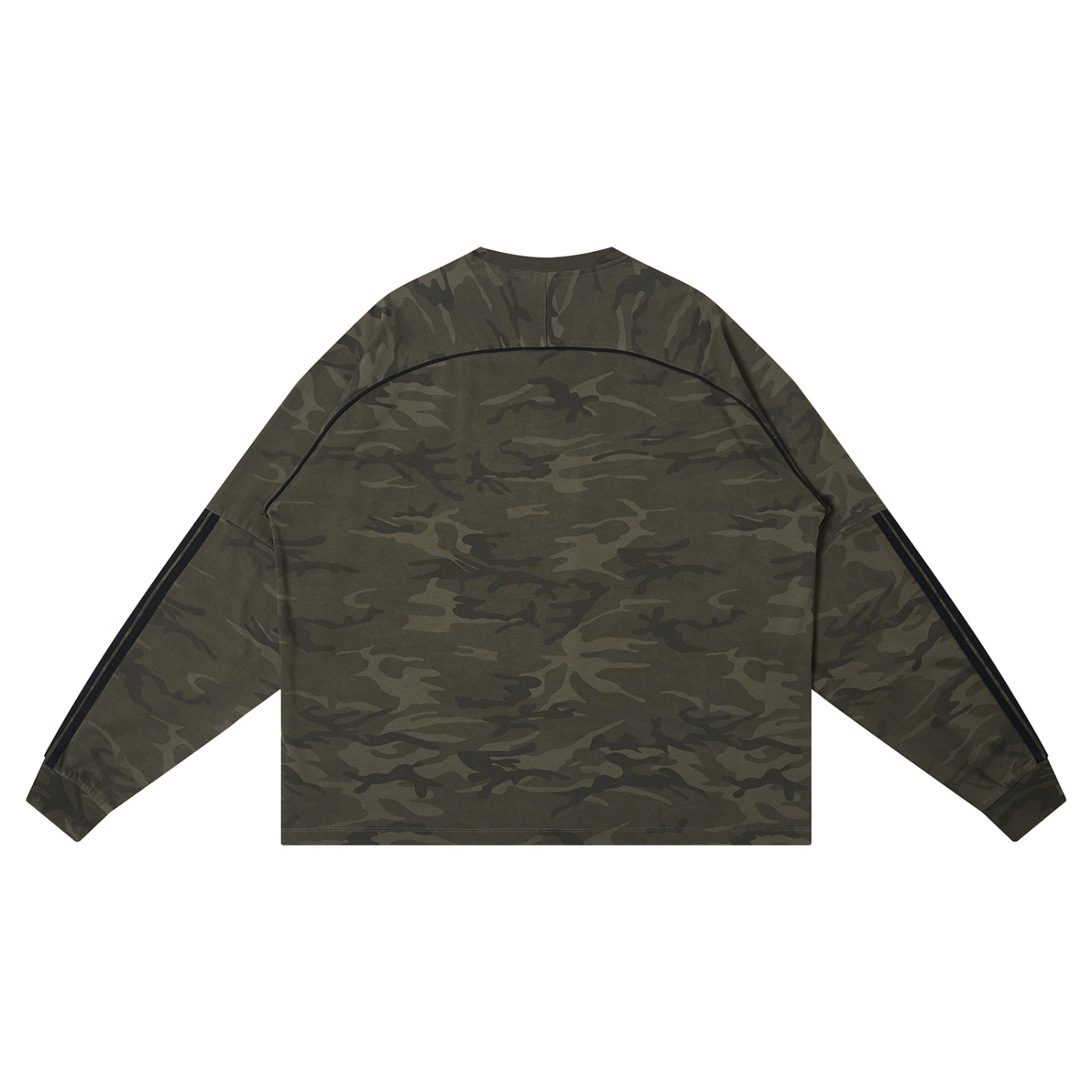 Camo loose long sleeve T-shirt by RAREBINO featuring a relaxed fit and camouflage pattern, displayed on a plain background.