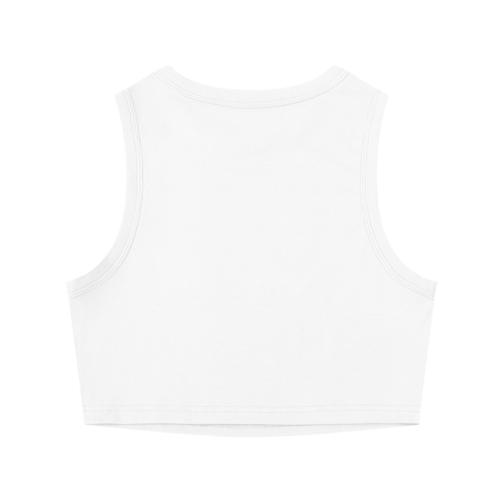 Rarebino tight crewneck crop tank top displayed on a model, showcasing its fitted style and casual sleeveless design.