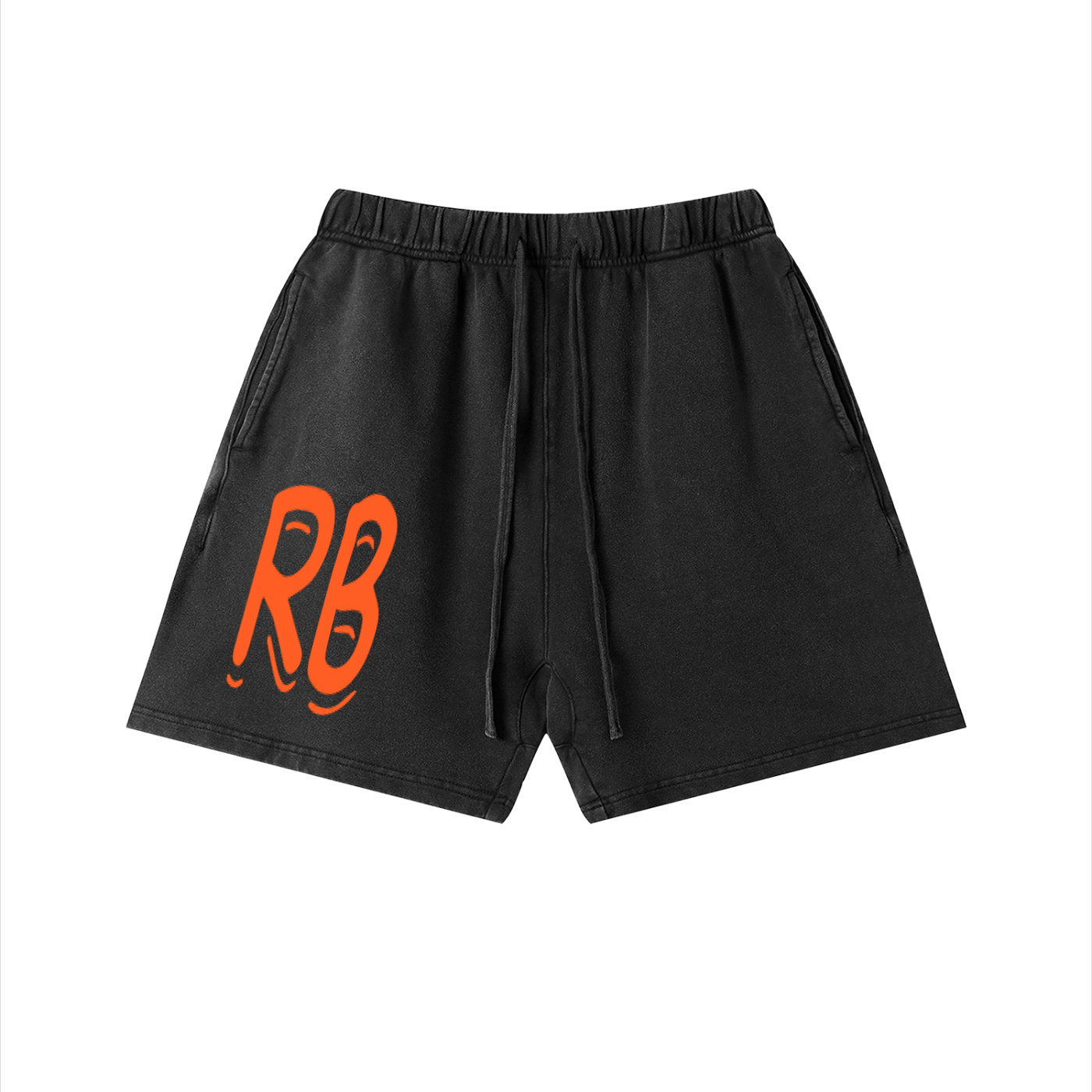 Vintage wash cotton shorts from RAREBINO with a casual fit and distressed detailing, shown on a model's waist and thighs.