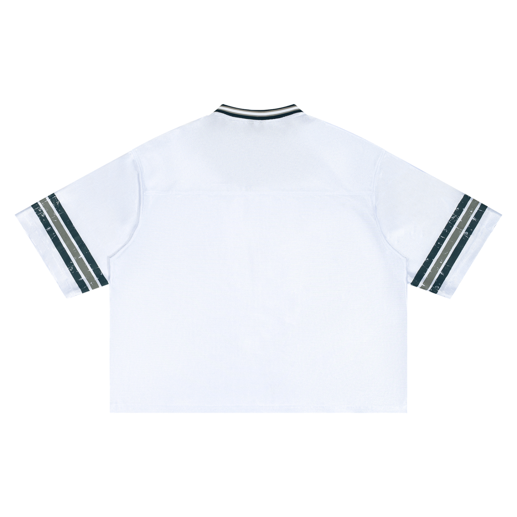 Boxy striped RAREBINO soccer jersey with bold horizontal black and white stripes, short sleeves, and team logo on the chest.