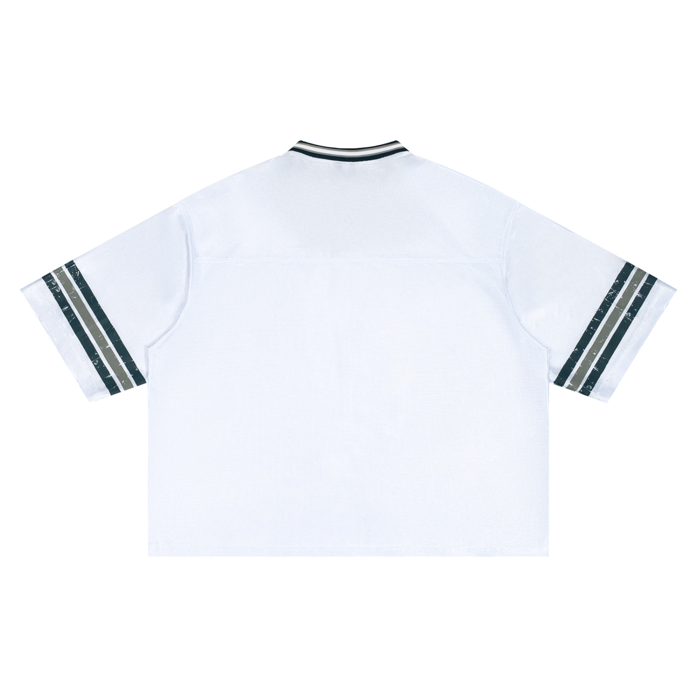 Boxy striped RAREBINO soccer jersey with bold horizontal black and white stripes, short sleeves, and team logo on the chest.