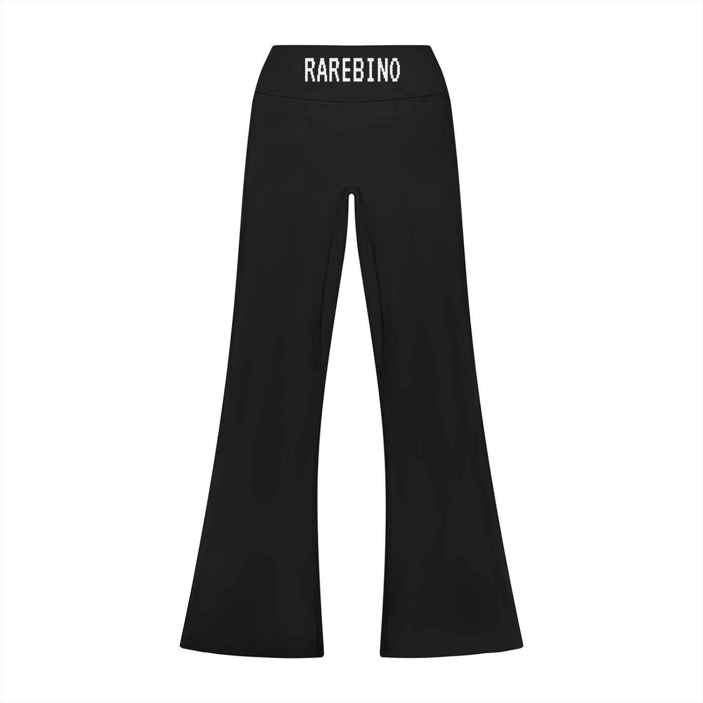 High rise flared leggings by RAREBINO, featuring a snug fit at the waist and flared leg design, shown in black fabric.