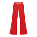 Black high rise flared leggings by RAREBINO, showing their fitted waist and wide flared legs on a white background.