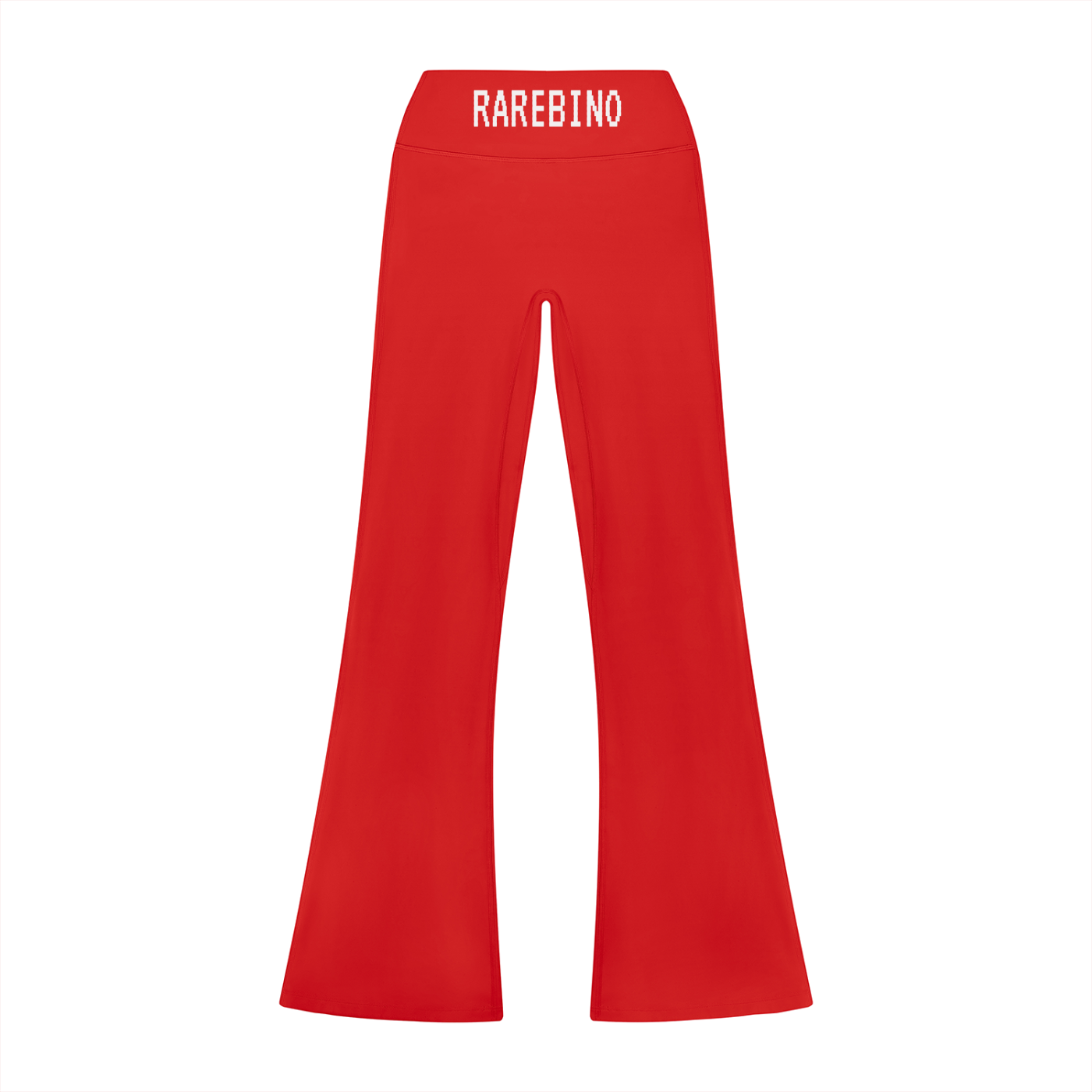 Black high rise flared leggings by RAREBINO, showing their fitted waist and wide flared legs on a white background.