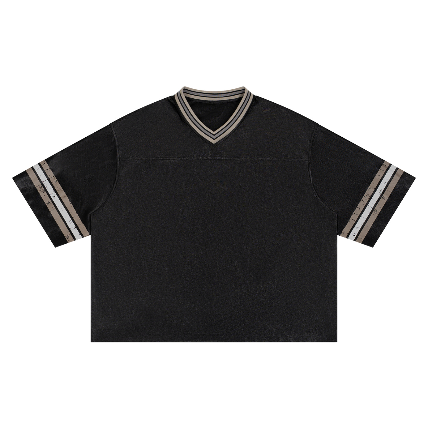 Boxy striped soccer jersey by RAREBINO with bold horizontal black and white stripes, short sleeves, and a classic athletic fit.