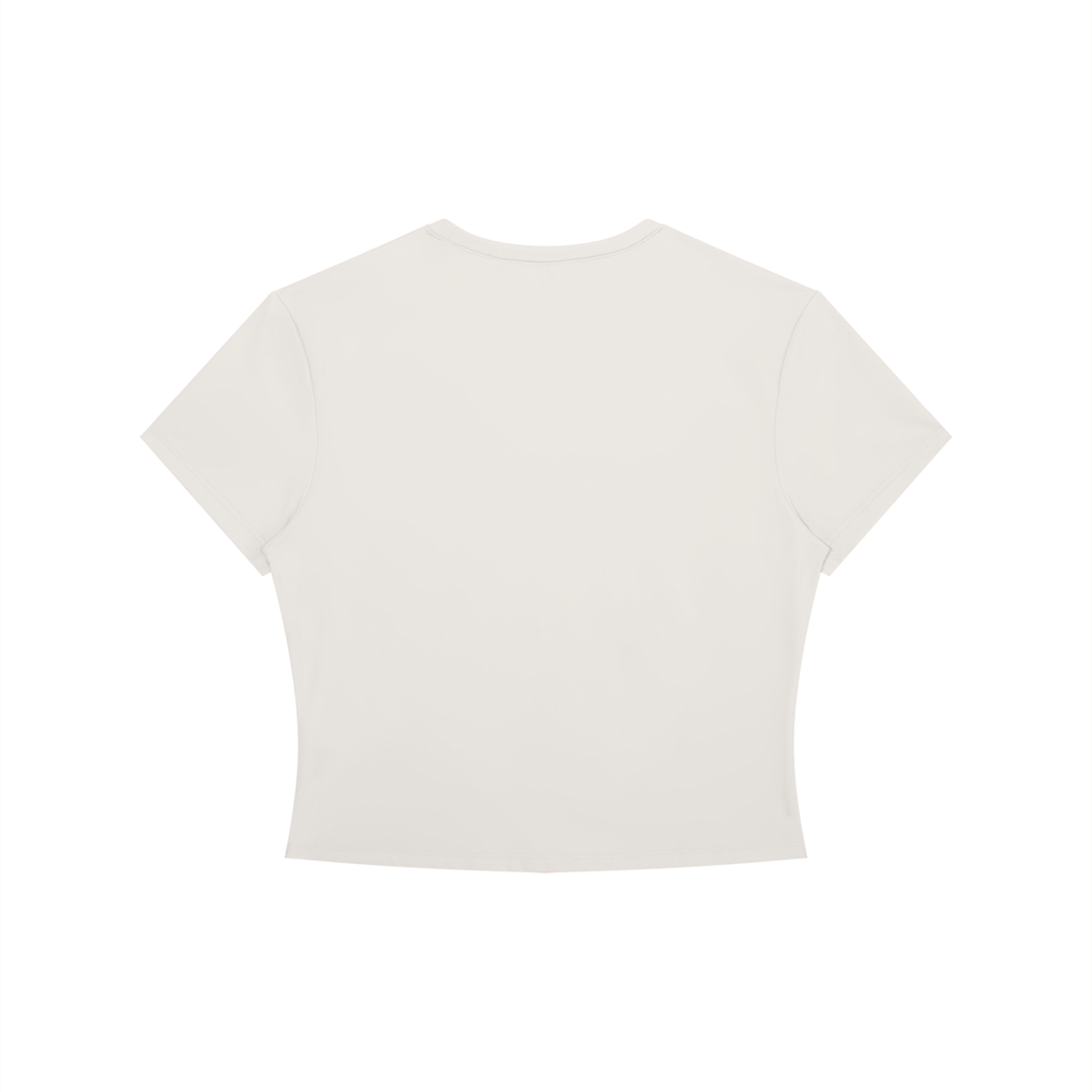 Black crewneck crop T-shirt by RAREBINO, featuring a fitted design and short sleeves on a plain background.