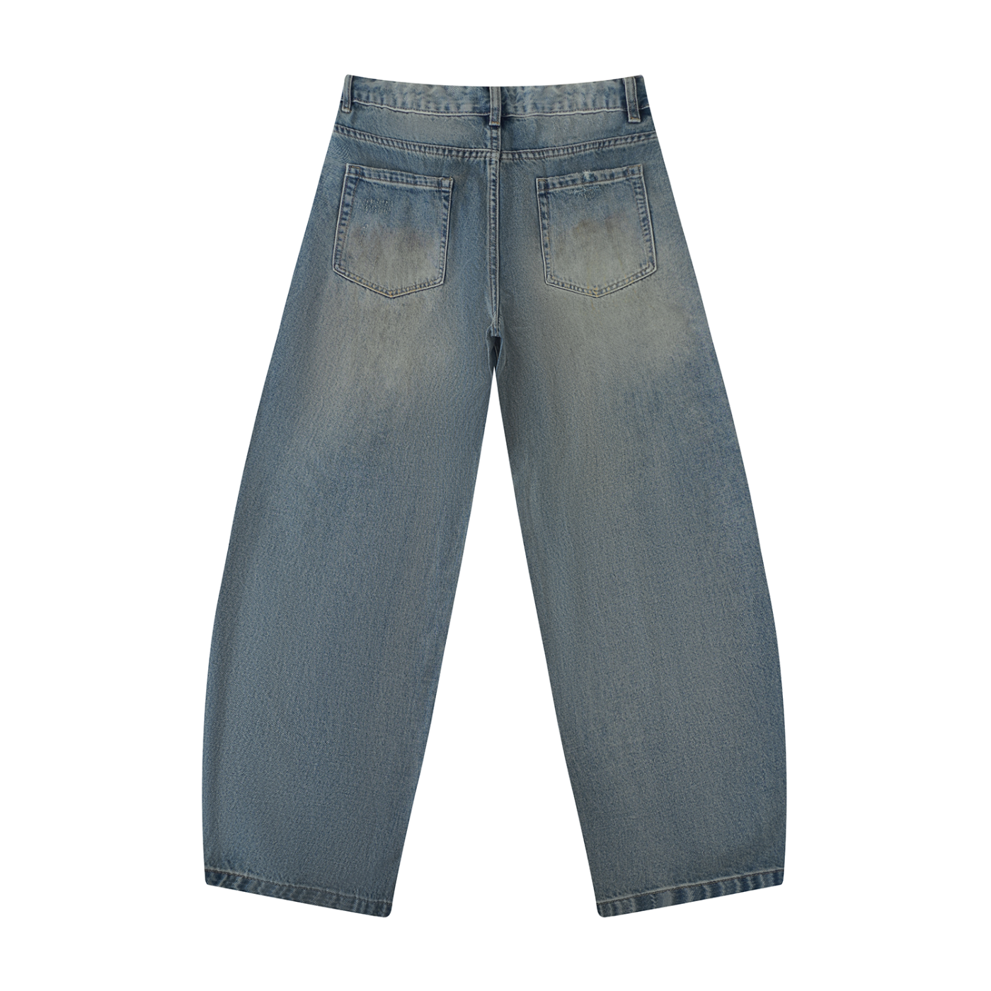Distressed barrel leg jeans by RAREBINO featuring a relaxed fit, faded wash, and stylish distressed details.