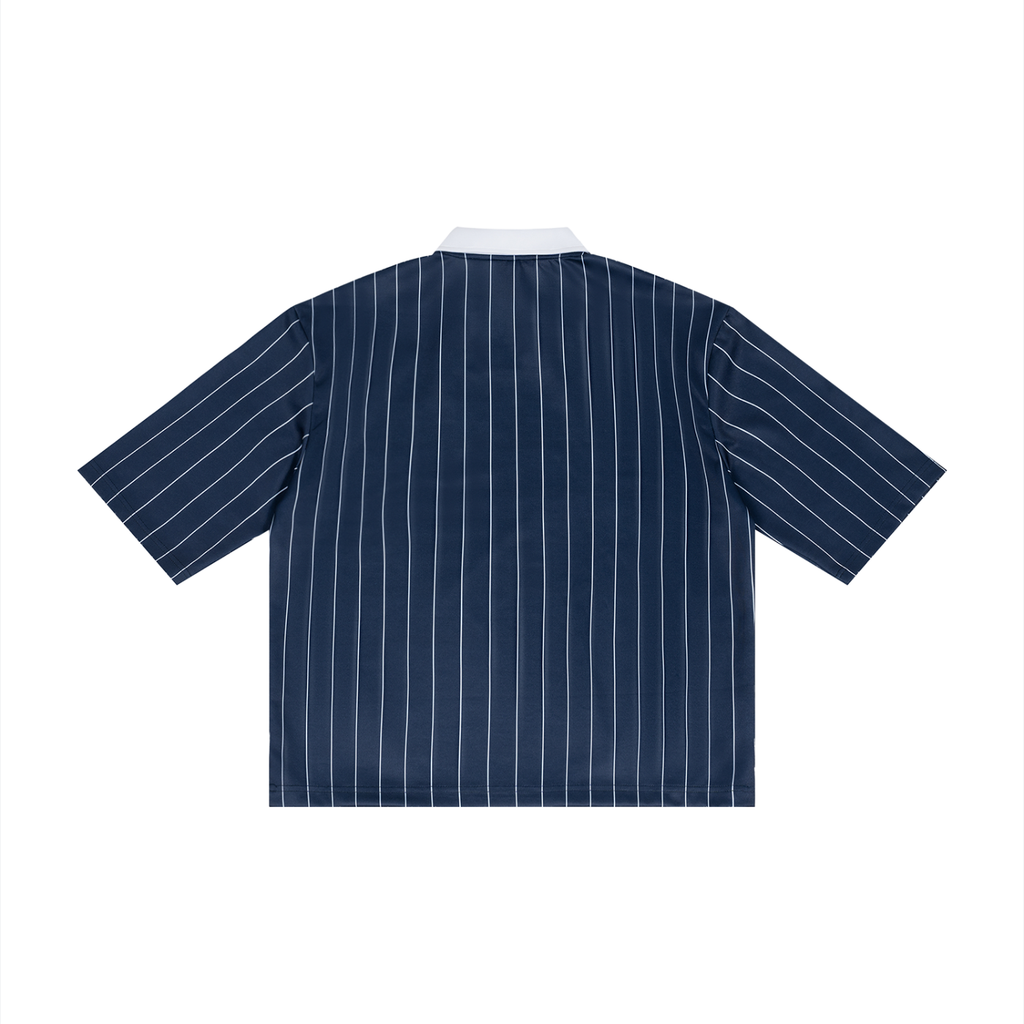 Black pinstripe collared soccer jersey by RAREBINO with team logo on the chest and white accents on the sleeves.