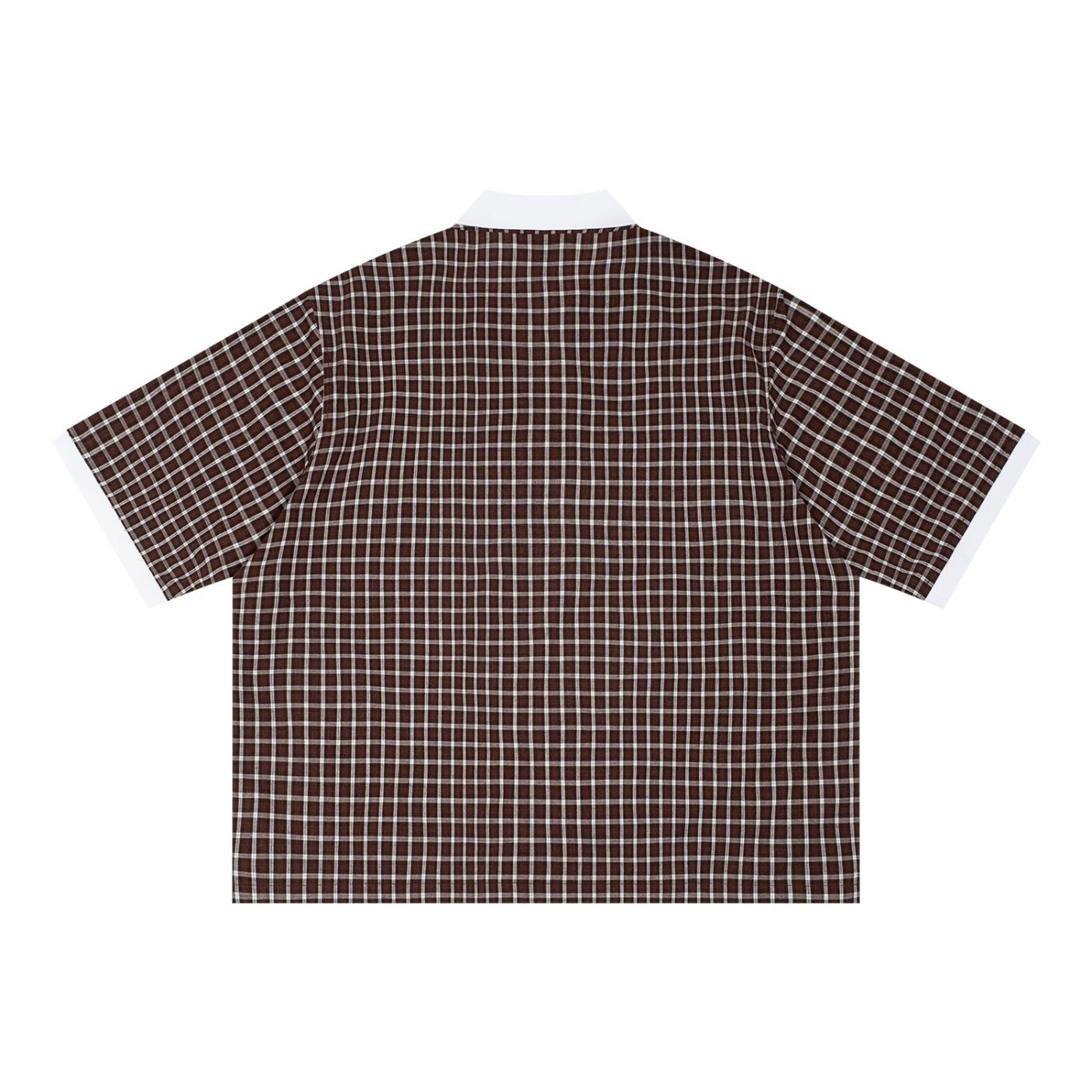 Boxy plaid color block polo shirt by RAREBINO featuring a modern fit with contrasting plaid and solid color panels.