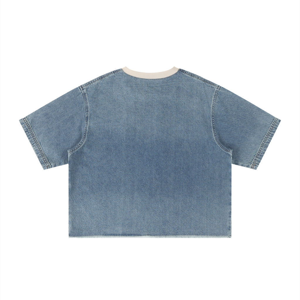 Vintage wash boxy raw hem denim T-shirt by RAREBINO featuring a relaxed fit and distressed raw hem detail.