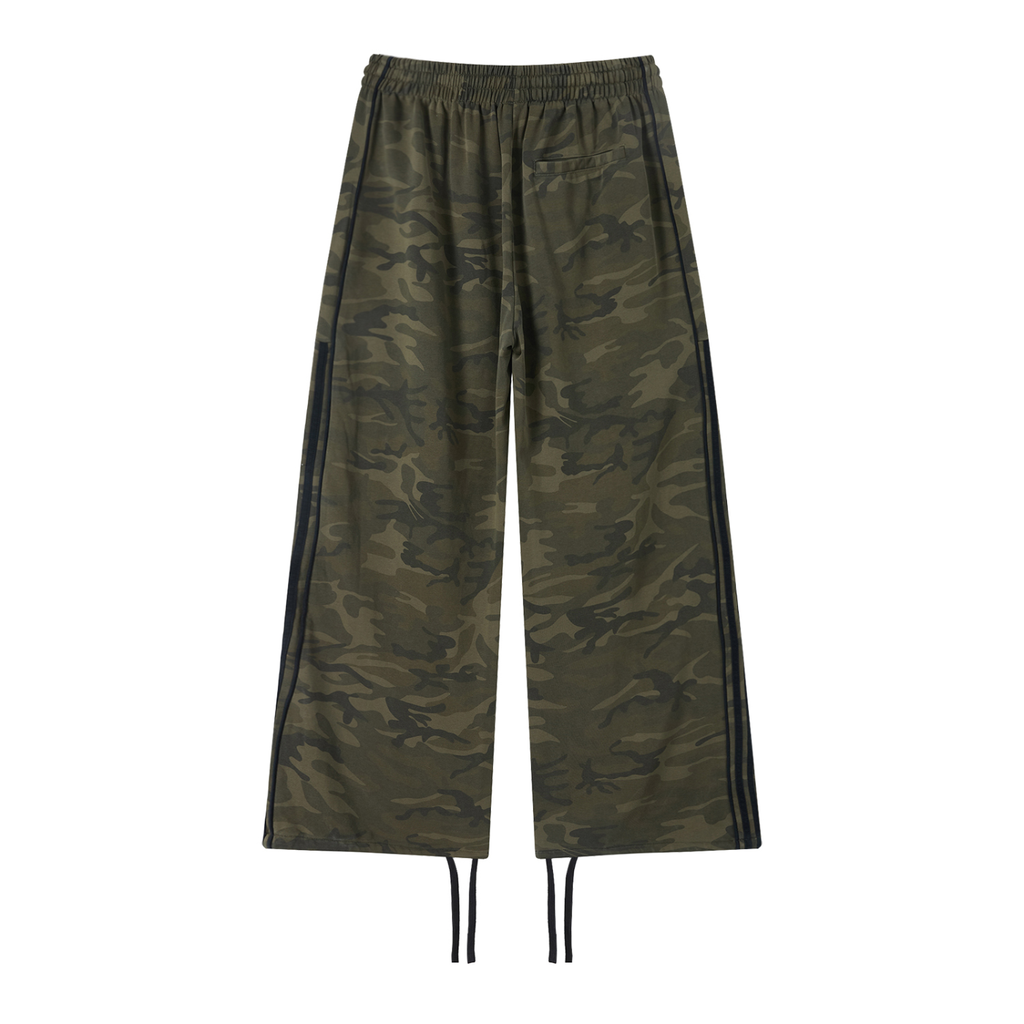 Rarebino camo wide leg sweatpants with relaxed fit and drawstring waist, featuring green and brown camouflage pattern.