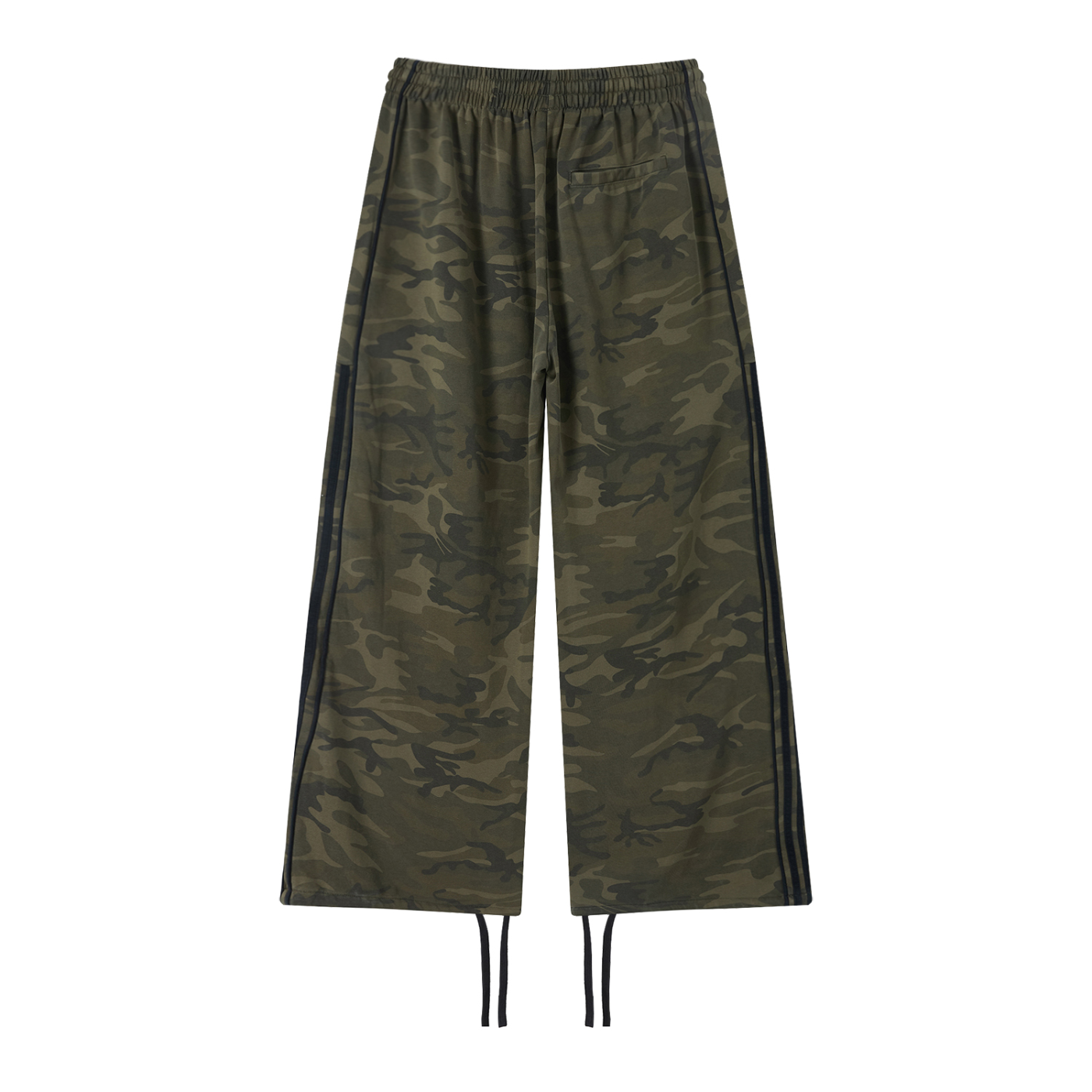 Rarebino camo wide leg sweatpants with relaxed fit and drawstring waist, featuring green and brown camouflage pattern.