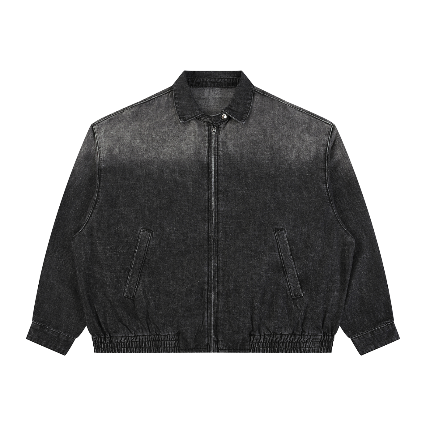 Vintage wash full-zip denim jacket by RAREBINO with classic collar and buttoned cuffs, casual style, front pockets, and distressed details.