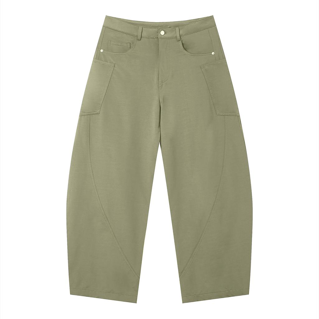 Men's ODMPOD barrel leg pants in neutral fabric, featuring a relaxed fit and tapered leg design, casual streetwear style.