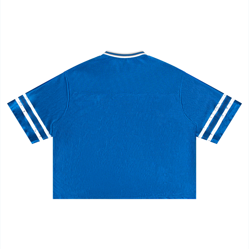 Boxy striped RAREBINO soccer jersey with bold horizontal black and white stripes, short sleeves, and classic crew neck.