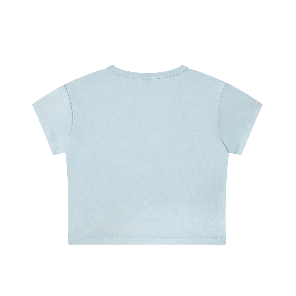 Snow Washed Crop Top by RAREBINO, light blue color, casual fit, displayed on a hanger with a soft fabric texture.
