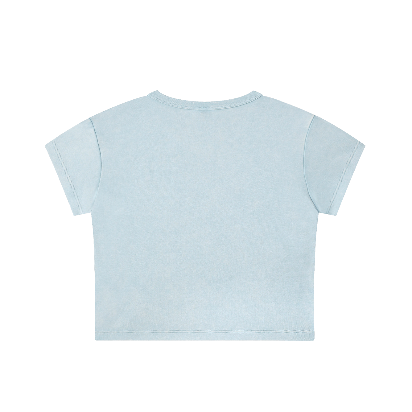 Snow Washed Crop Top by RAREBINO, light blue color, casual fit, displayed on a hanger with a soft fabric texture.