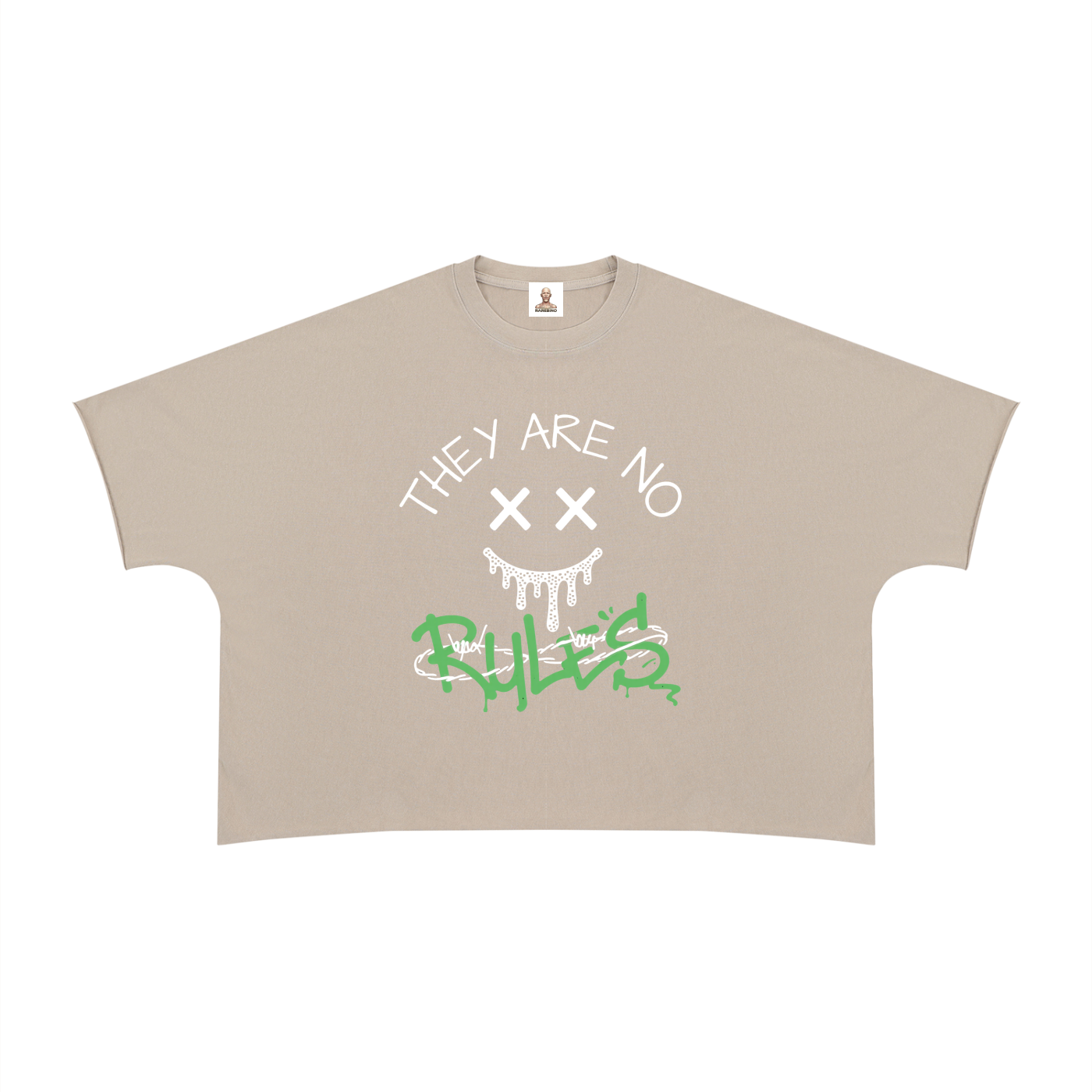 RAREBINO heavyweight boxy raw edge T-shirt displayed on a hanger, featuring a relaxed fit and unfinished edges for a casual look.