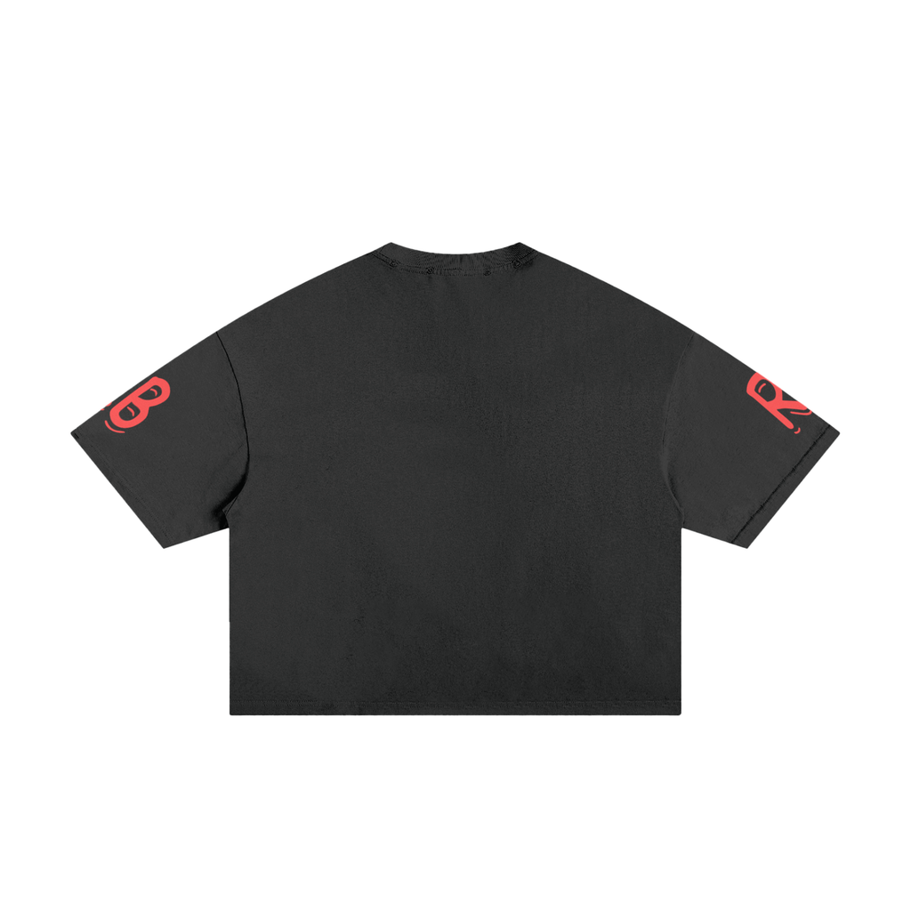 Black classic frayed boxy tee by RAREBINO, featuring a relaxed fit and distressed hem, casual streetwear style.