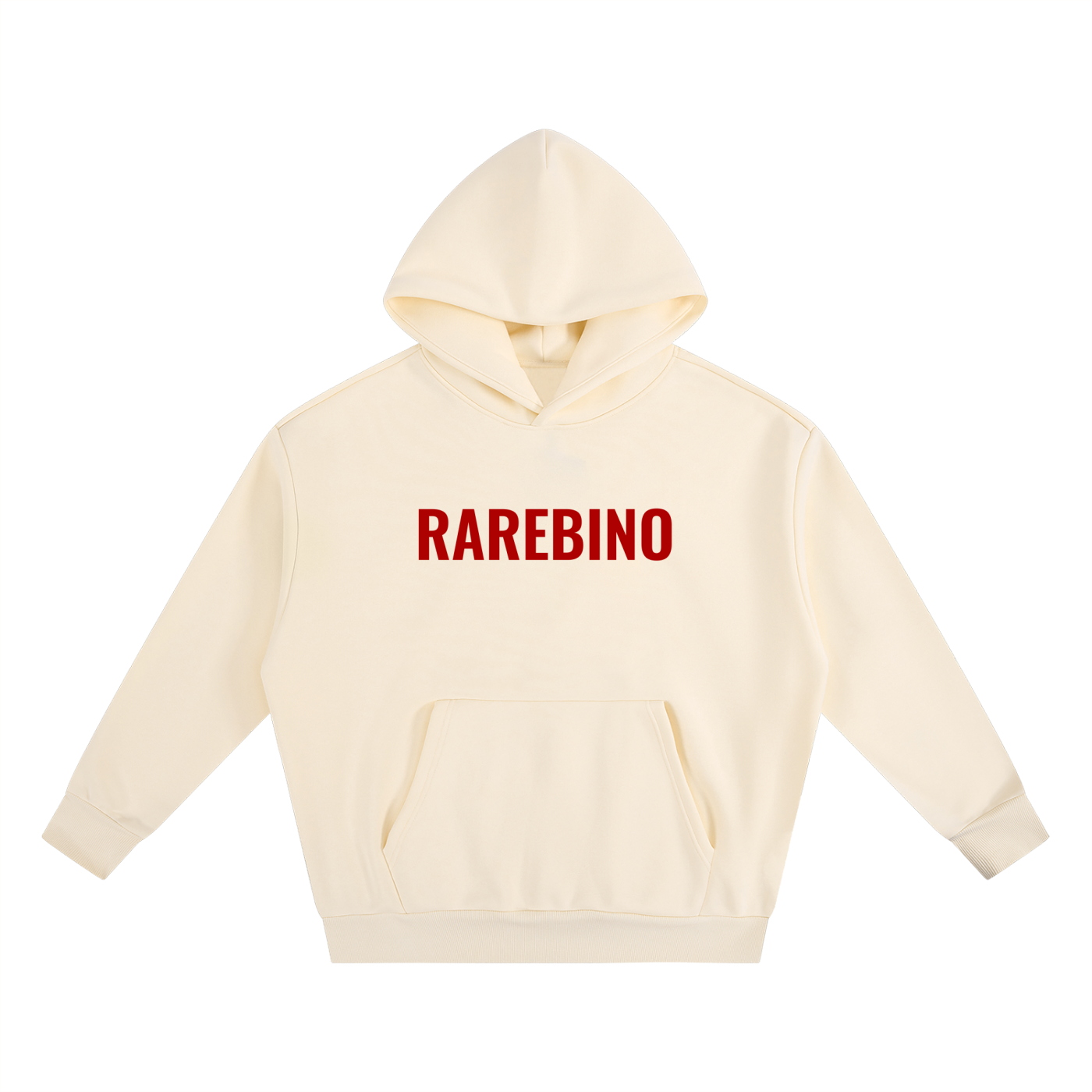 RAREBINO Essential heavyweight boxy fleece hoodie in neutral color, showcasing a relaxed fit and soft, warm fabric.