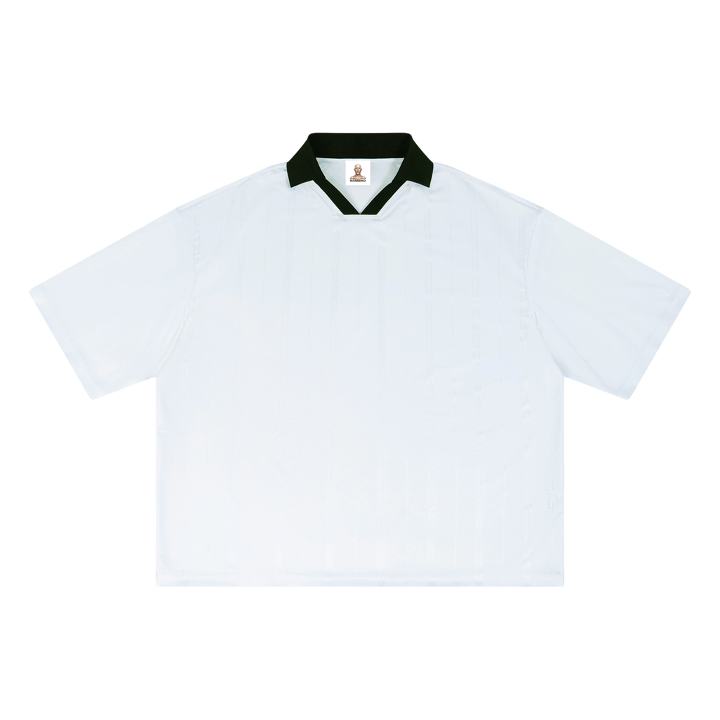 Striped boxy soccer jersey by RAREBINO featuring bold horizontal stripes and a classic athletic fit.