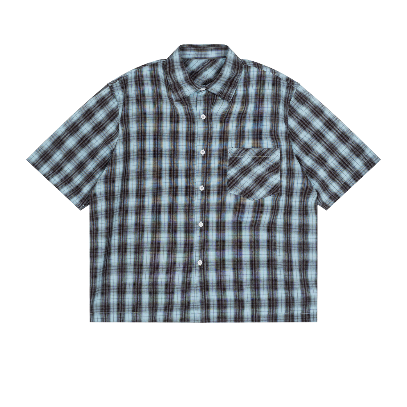 Rarebino boxy plaid short sleeve shirt featuring a classic checkered pattern and a relaxed fit, displayed on a hanger.