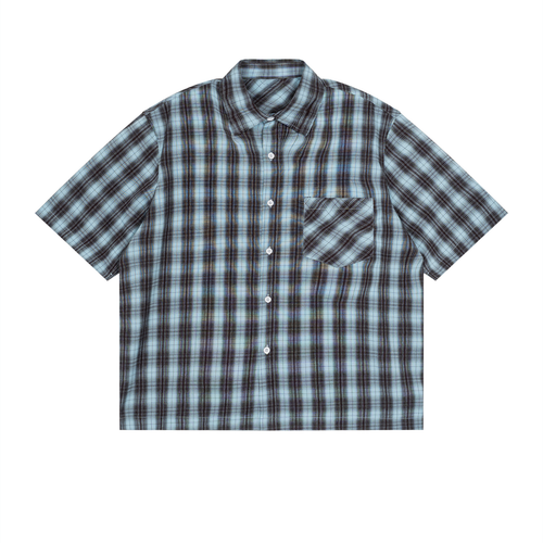 Rarebino boxy plaid short sleeve shirt featuring a classic checkered pattern and a relaxed fit, displayed on a hanger.
