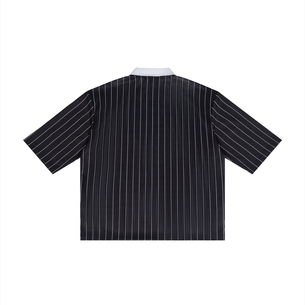 Rarebino pinstripe collared soccer jersey with team logo and white trim, displayed on a mannequin.