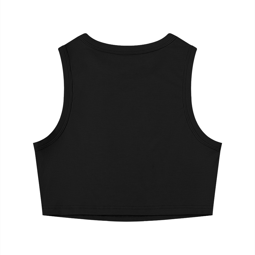 Rarebino tight crewneck crop tank top, close-up of fitted white crop top with crewneck design and sleeveless style on a model.