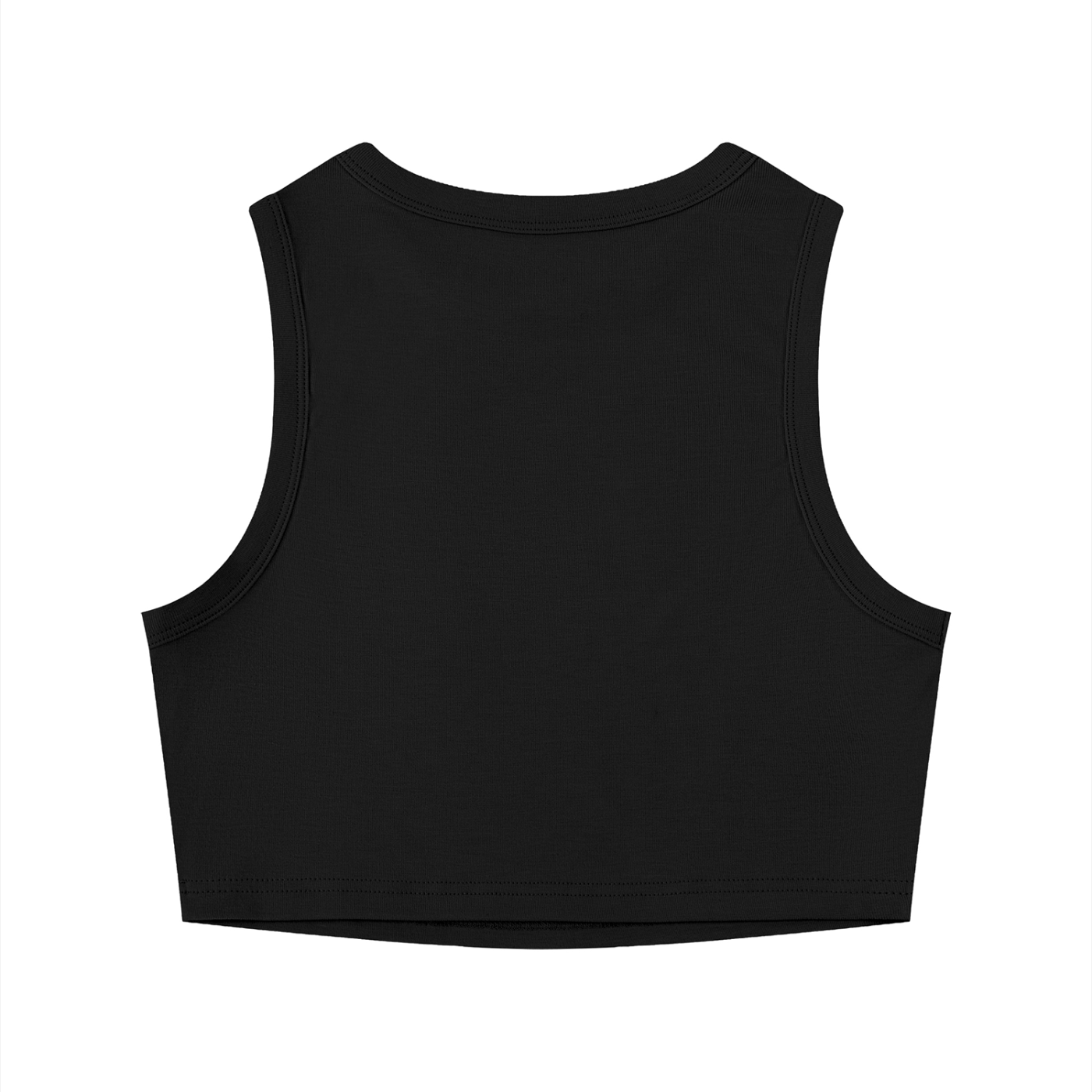 Rarebino tight crewneck crop tank top, close-up of fitted white crop top with crewneck design and sleeveless style on a model.