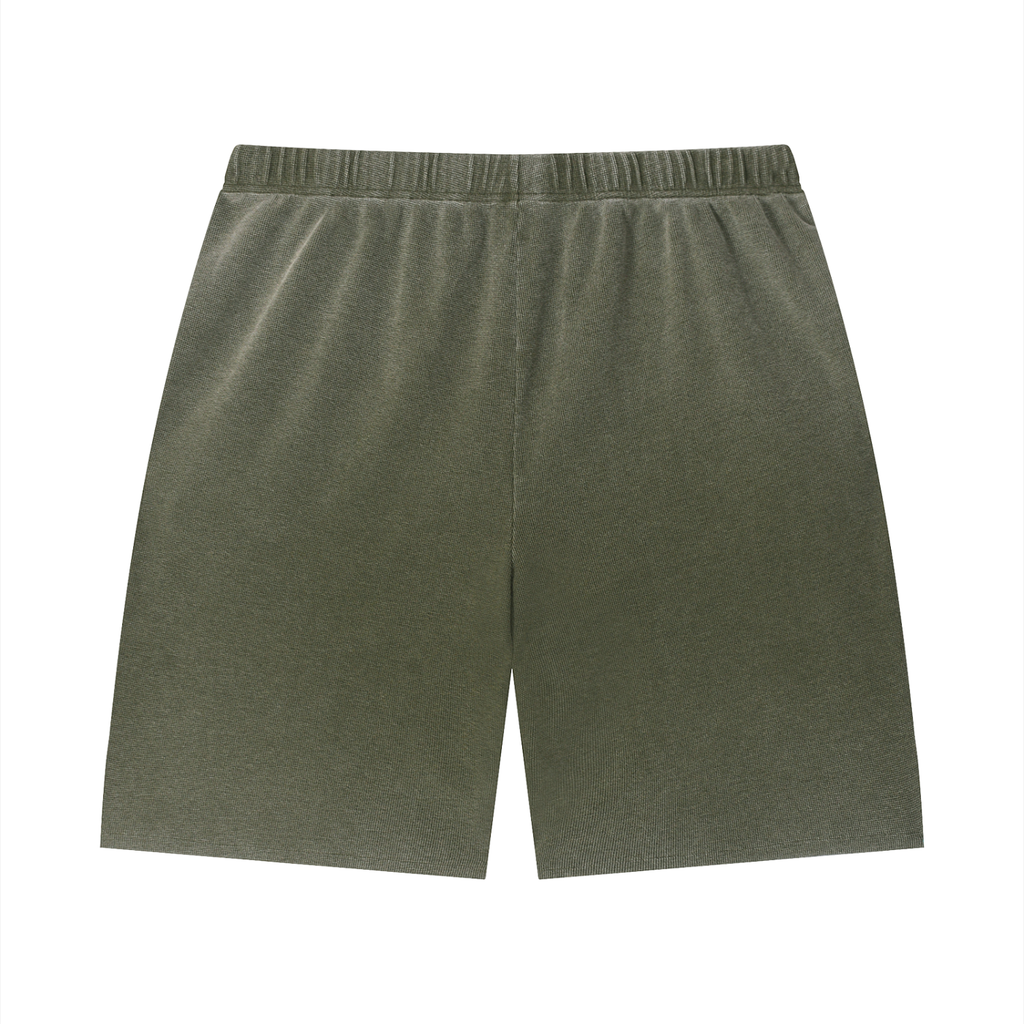 Rarebino Wash Sunfade Waffle Raw Hem Shorts with distressed denim texture and raw hem detail, casual summer fashion for men.