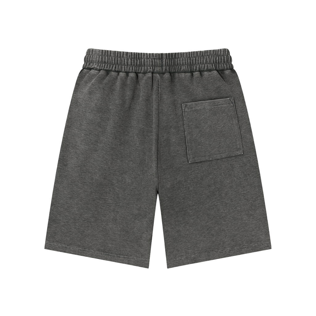 Mineral Wash Waffle Knit Shorts by RAREBINO, showing soft, textured fabric with a relaxed fit and elastic waistband.