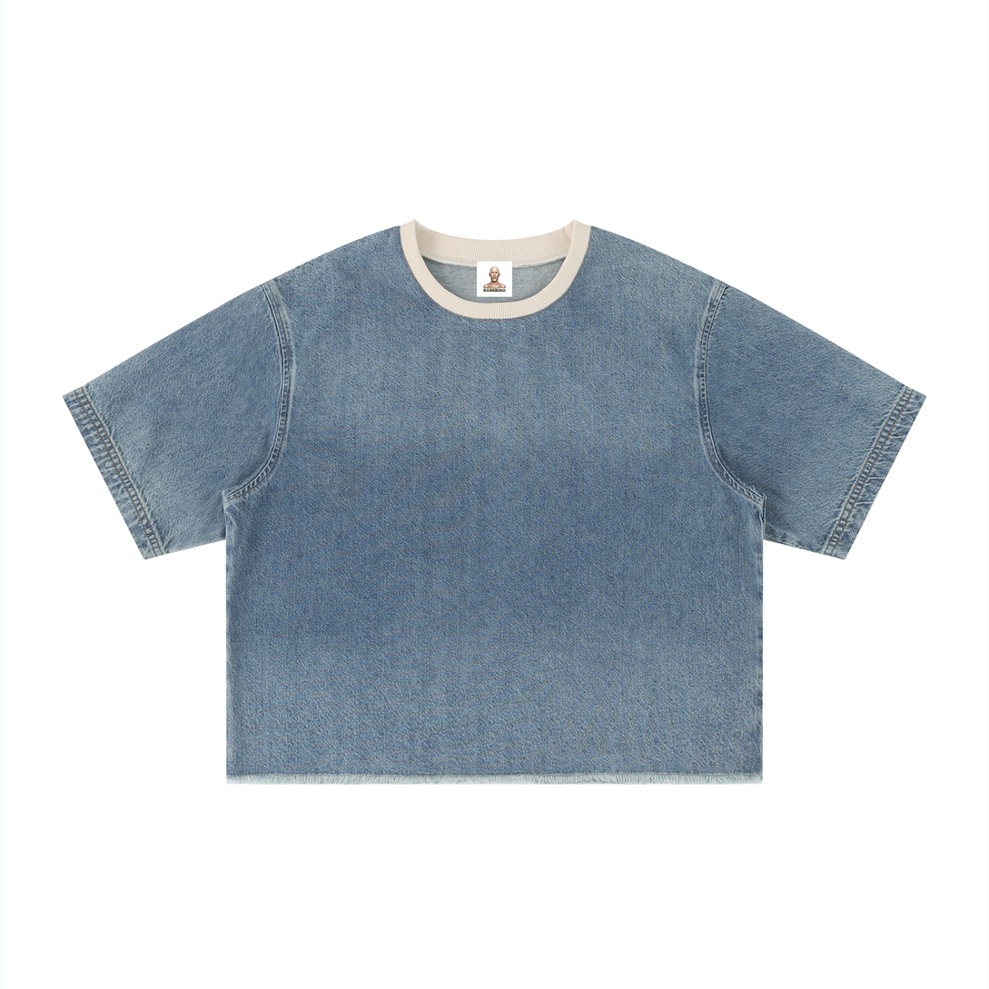Vintage wash boxy raw hem denim T-shirt by RAREBINO, featuring a relaxed fit and distressed raw edges.
