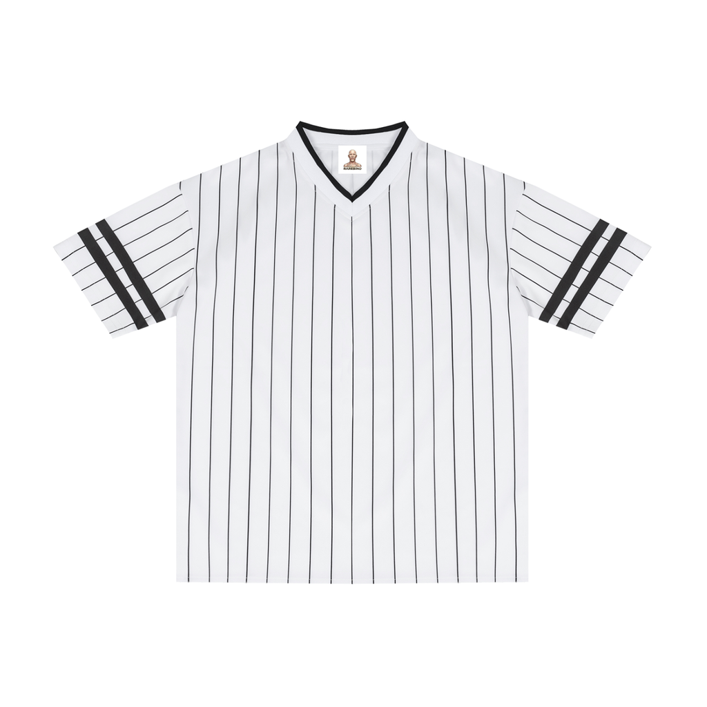 Striped loose V-neck T-shirt by RAREBINO with a relaxed fit and casual style, featuring horizontal black and white stripes.