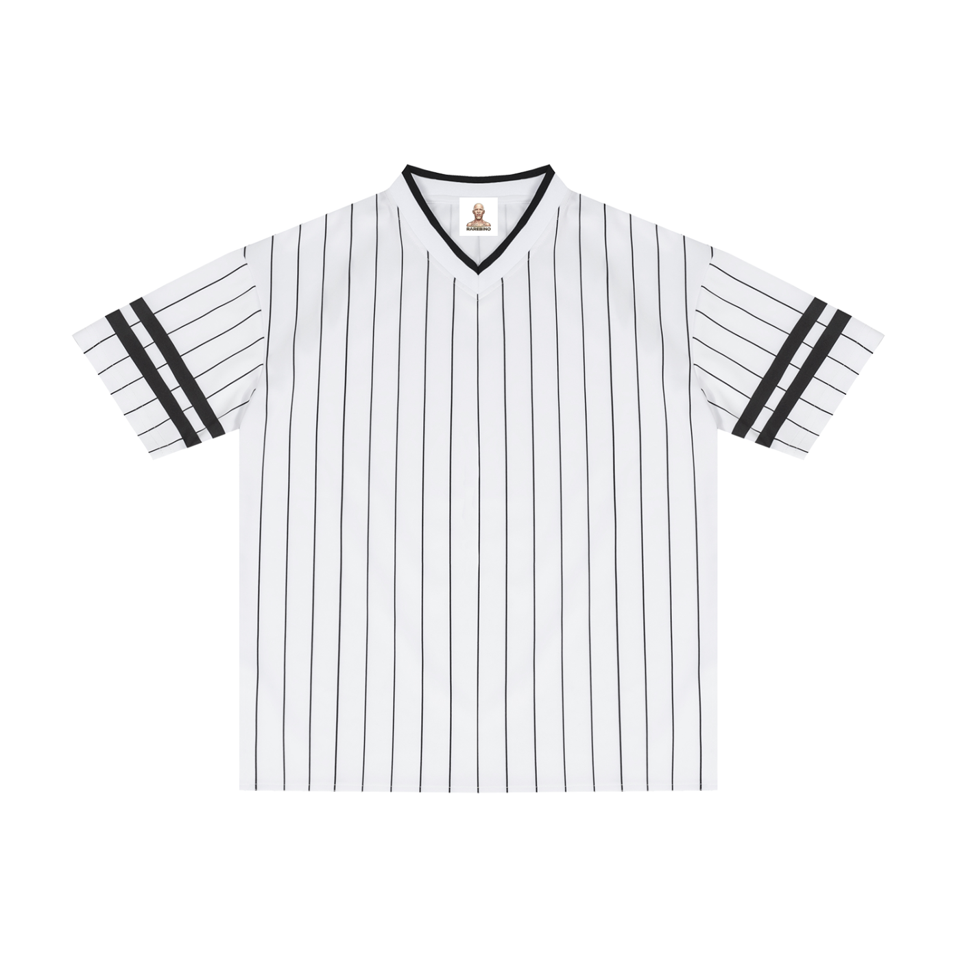 Striped loose V-neck T-shirt by RAREBINO with a relaxed fit and casual style, featuring horizontal black and white stripes.