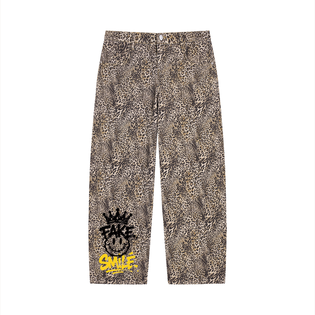 Vintage wash leopard print wide-leg jeans by ODMPOD, featuring a relaxed fit and stylish leopard pattern.