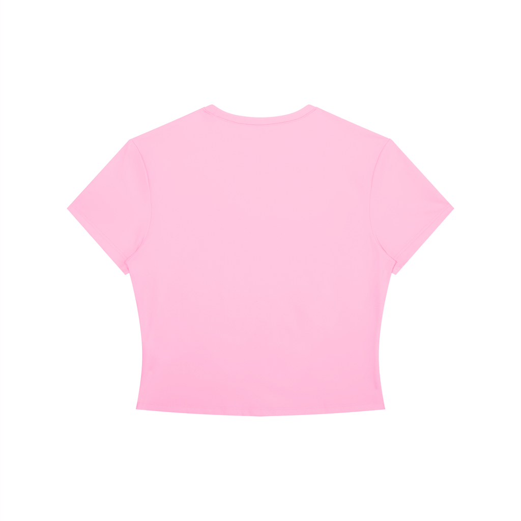 Black crewneck crop t-shirt by RAREBINO, featuring a relaxed fit and short sleeves, displayed on a hanger.