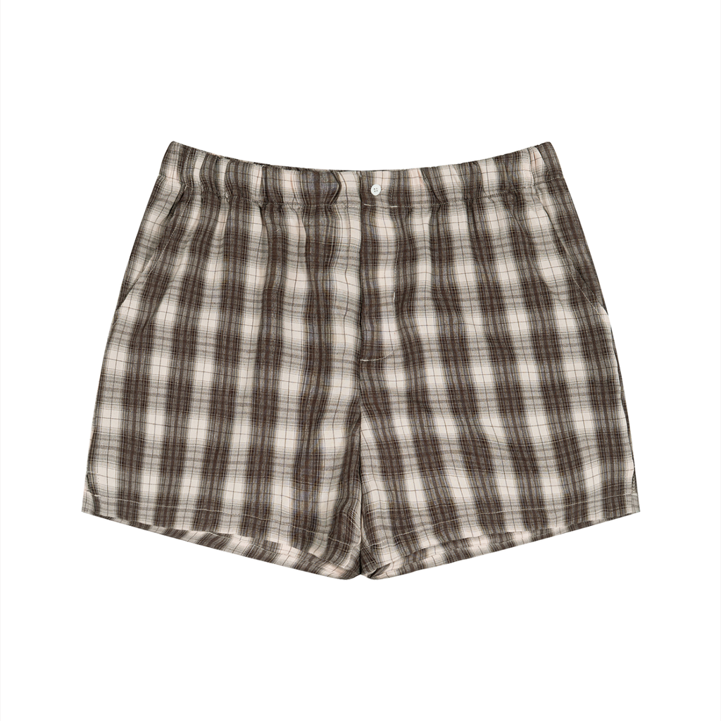 Rarebino plaid shorts featuring a stylish checkered pattern in neutral tones, perfect for casual summer wear.