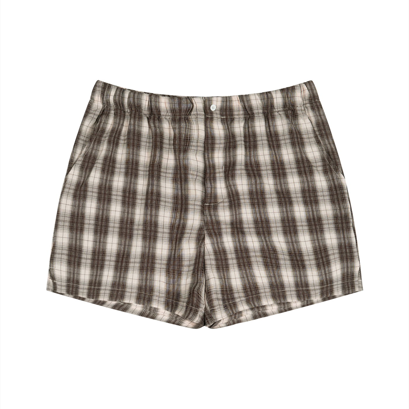 Rarebino plaid shorts featuring a stylish checkered pattern in neutral tones, perfect for casual summer wear.