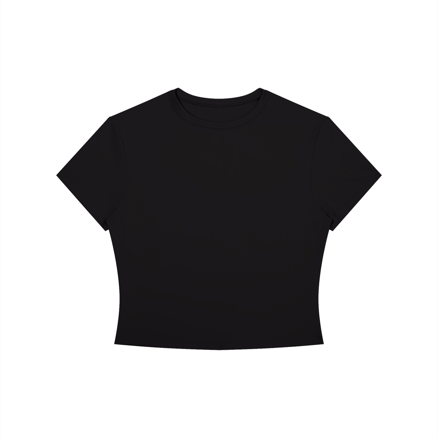 Black crewneck crop T-shirt by RAREBINO displayed on a flat surface with a close-up view of the fabric and neckline.