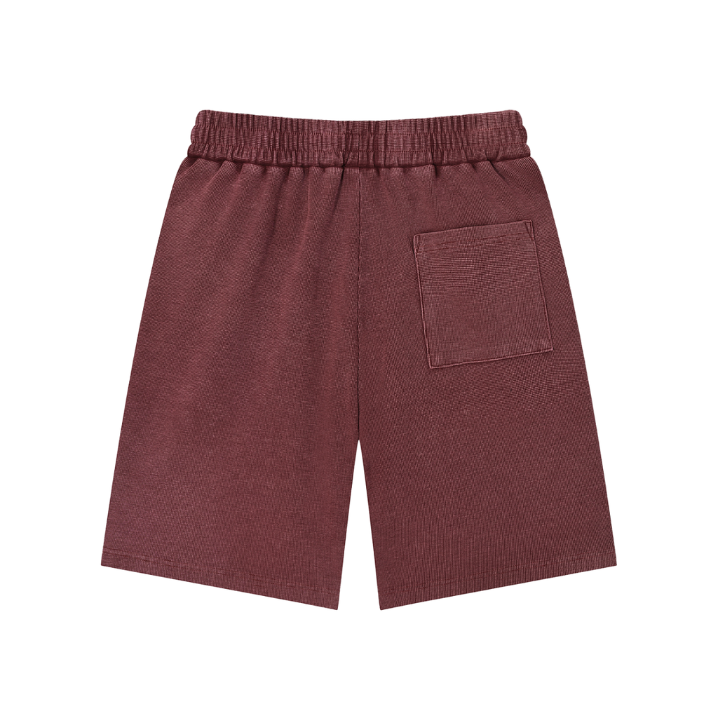 Mineral Wash Waffle Knit Shorts by RAREBINO featuring soft fabric, waffle texture, and a relaxed fit for casual wear.