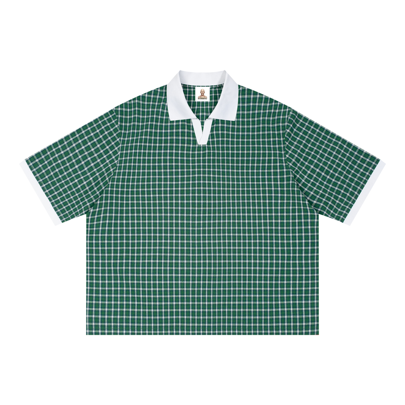 Boxy plaid color block polo shirt by RAREBINO with a classic collar and short sleeves, featuring a vibrant, geometric pattern.
