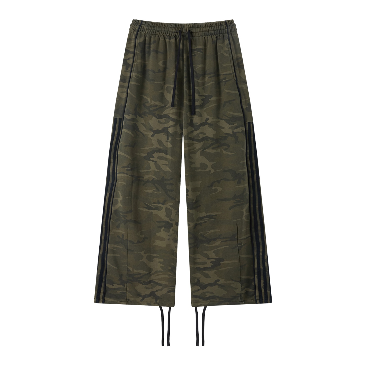 Camo wide leg sweatpants by RAREBINO, featuring a relaxed fit and camouflage pattern, shown on a model standing outdoors.