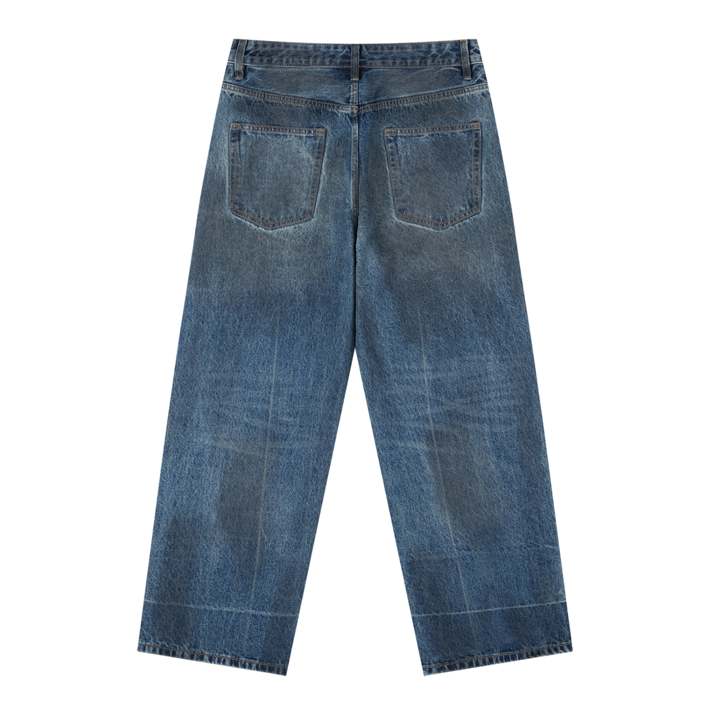 Rarebino vintage wash baggy denim jeans with relaxed fit, classic five-pocket design, and faded blue denim fabric.