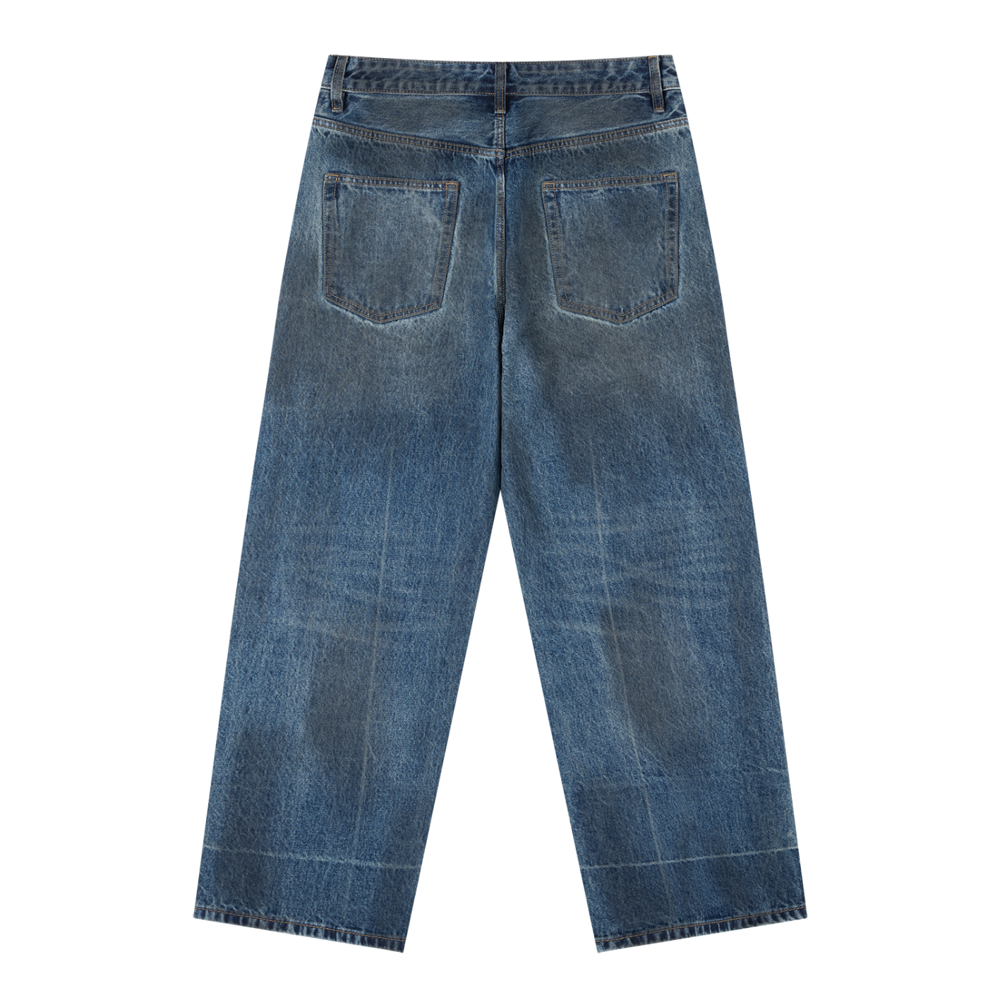 Rarebino vintage wash baggy denim jeans with relaxed fit, classic five-pocket design, and faded blue denim fabric.